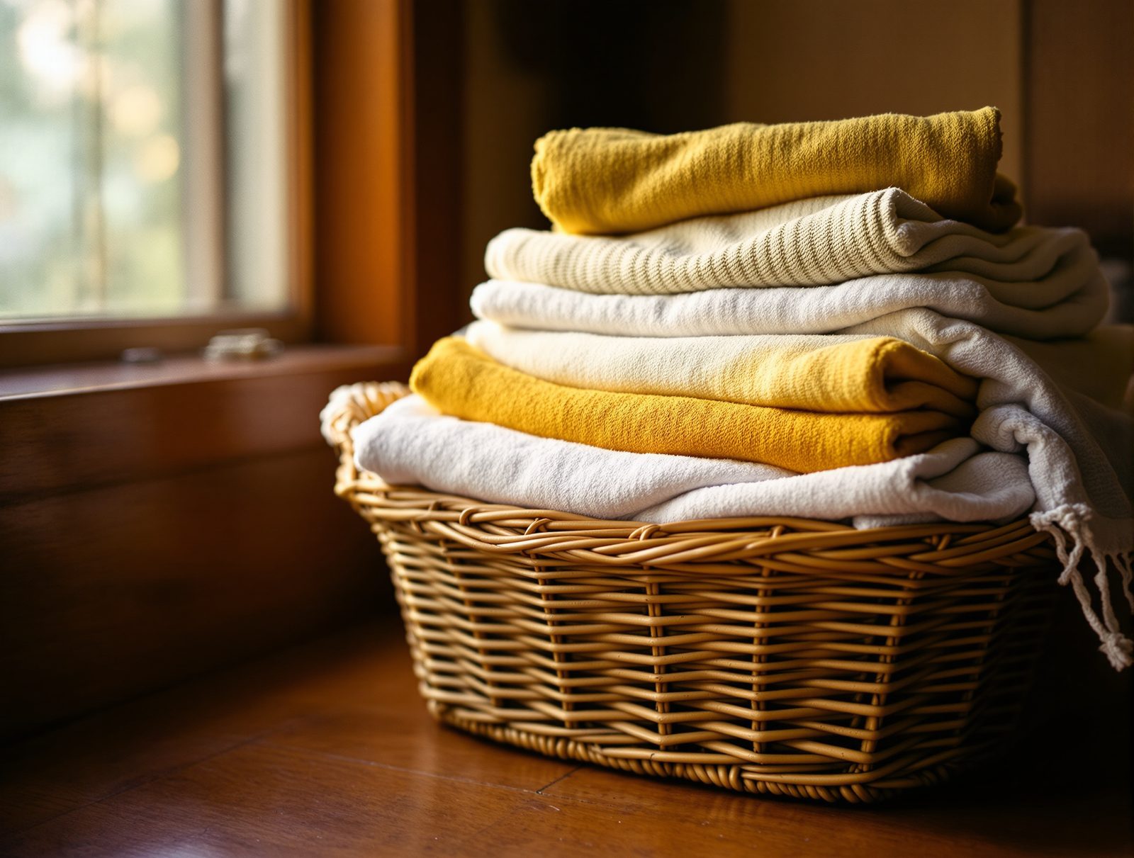 Linge propre et frais plié dans un panier en osier après séchage sans odeur d