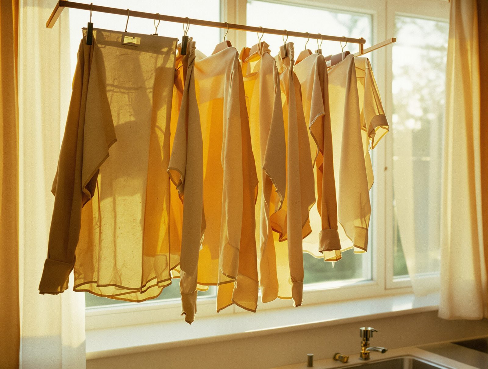 Linge en coton et lin suspendu sur un etendoir en bois pres dune fenetre ensoleilee lumiere chaude naturelle