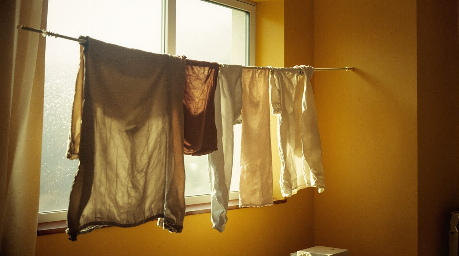 Linge mouillé sur étendoir dans un appartement en hiver avec condensation sur vitre et lumière naturelle