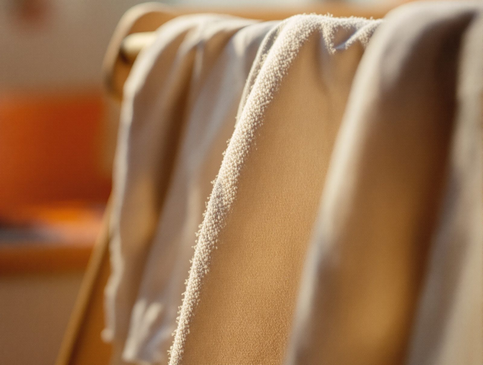 Gros plan sur tissu humide en coton sur un étendoir en bois avec fond flou tons orange et lumière chaude