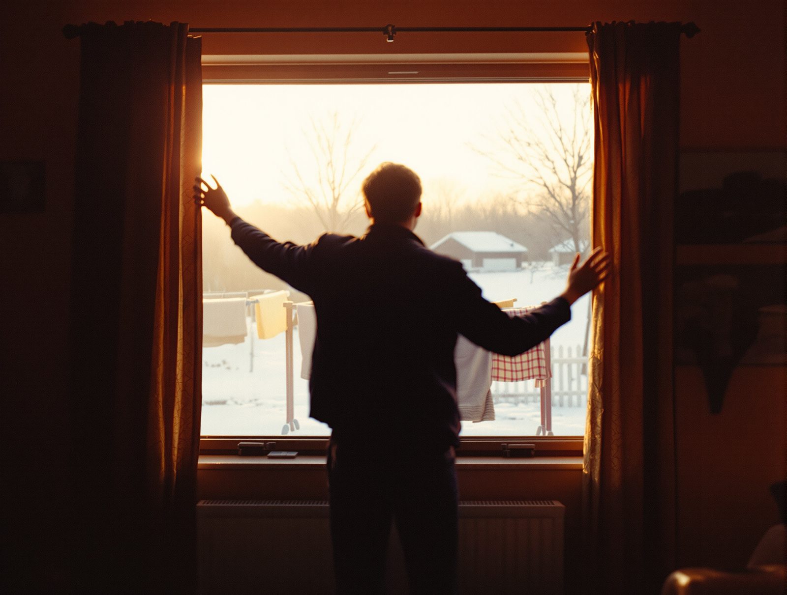 Silhouette de dos ouvrant une fenetre en hiver dans un salon annees 70 avec etendoir de linge en arriere plan