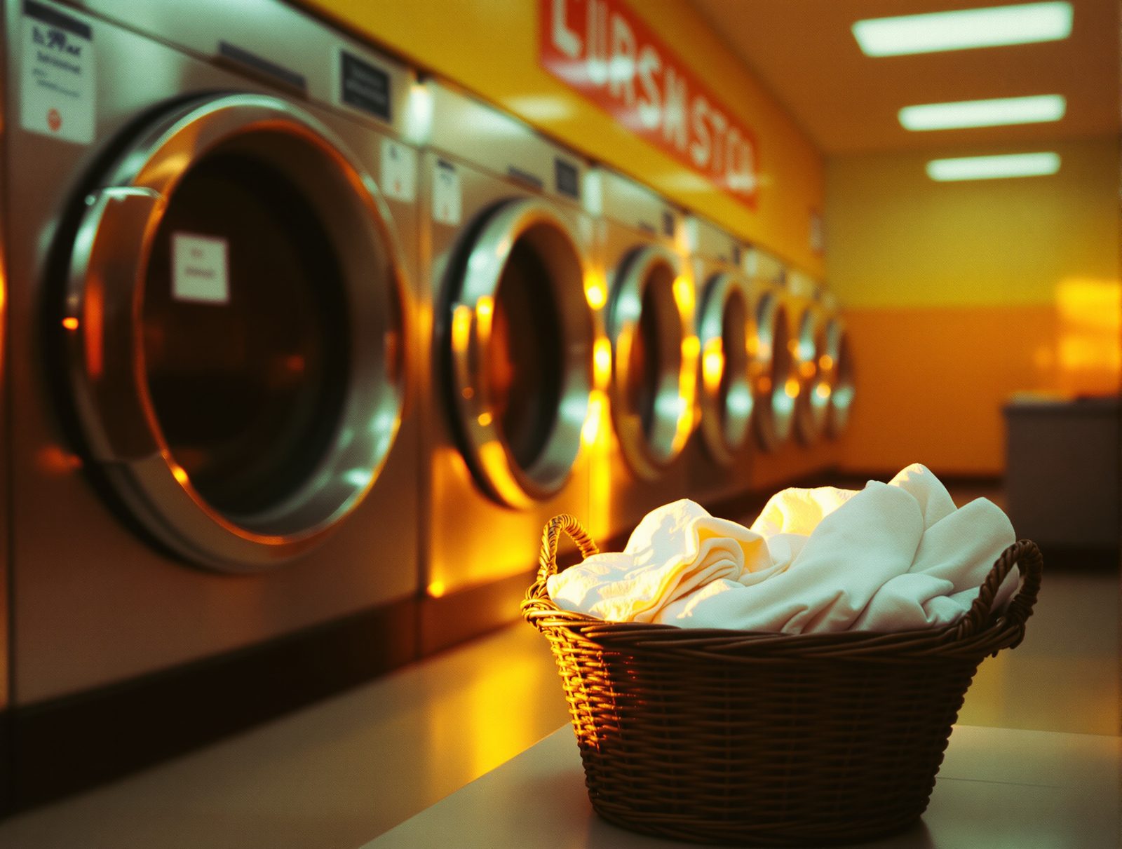 Panier en osier rempli de linge sec et plié devant des sèche-linges professionnels dans une laverie automatique lumineuse