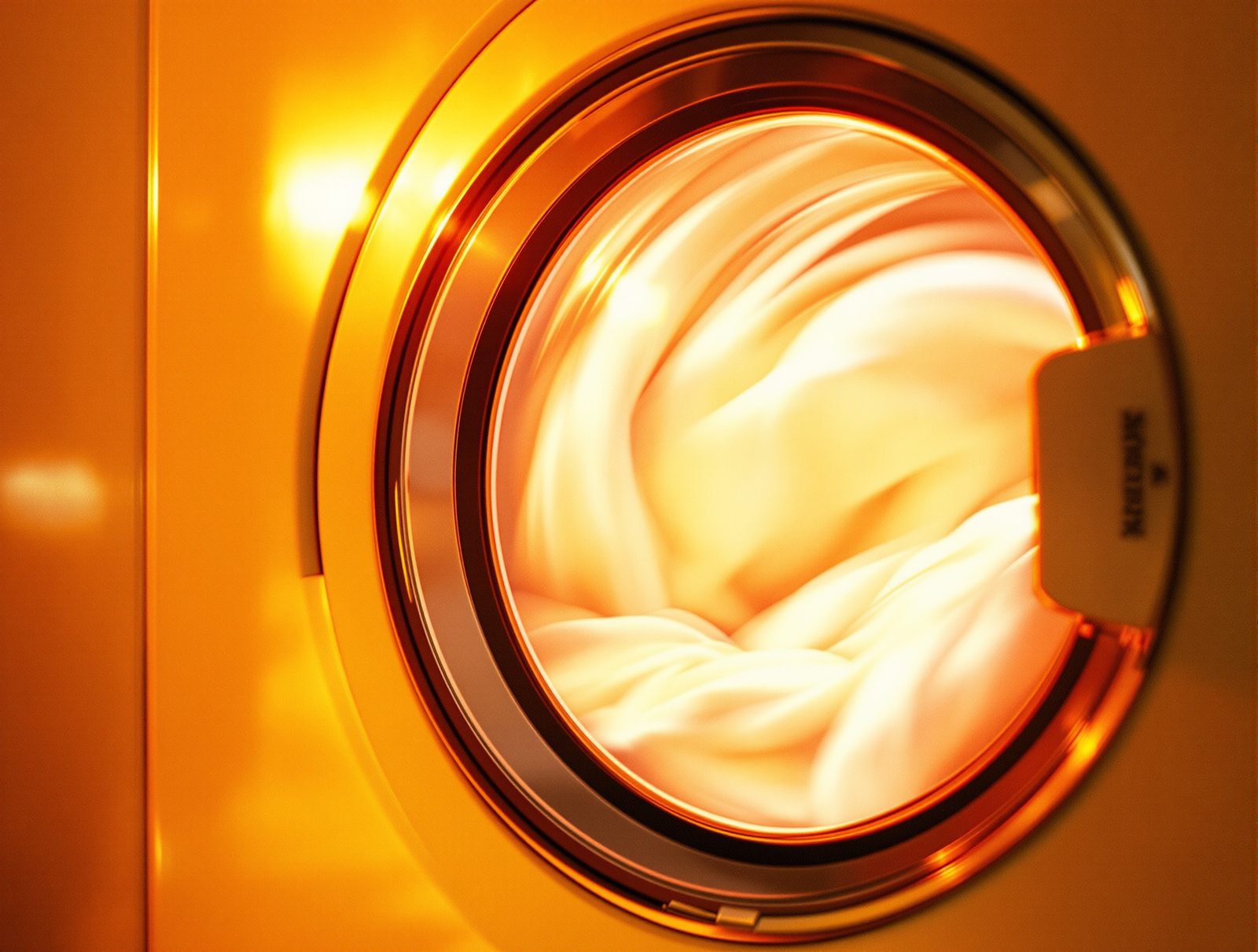 Hublot de sèche-linge avec linge en mouvement, cycle de séchage en cours, lumière chaude