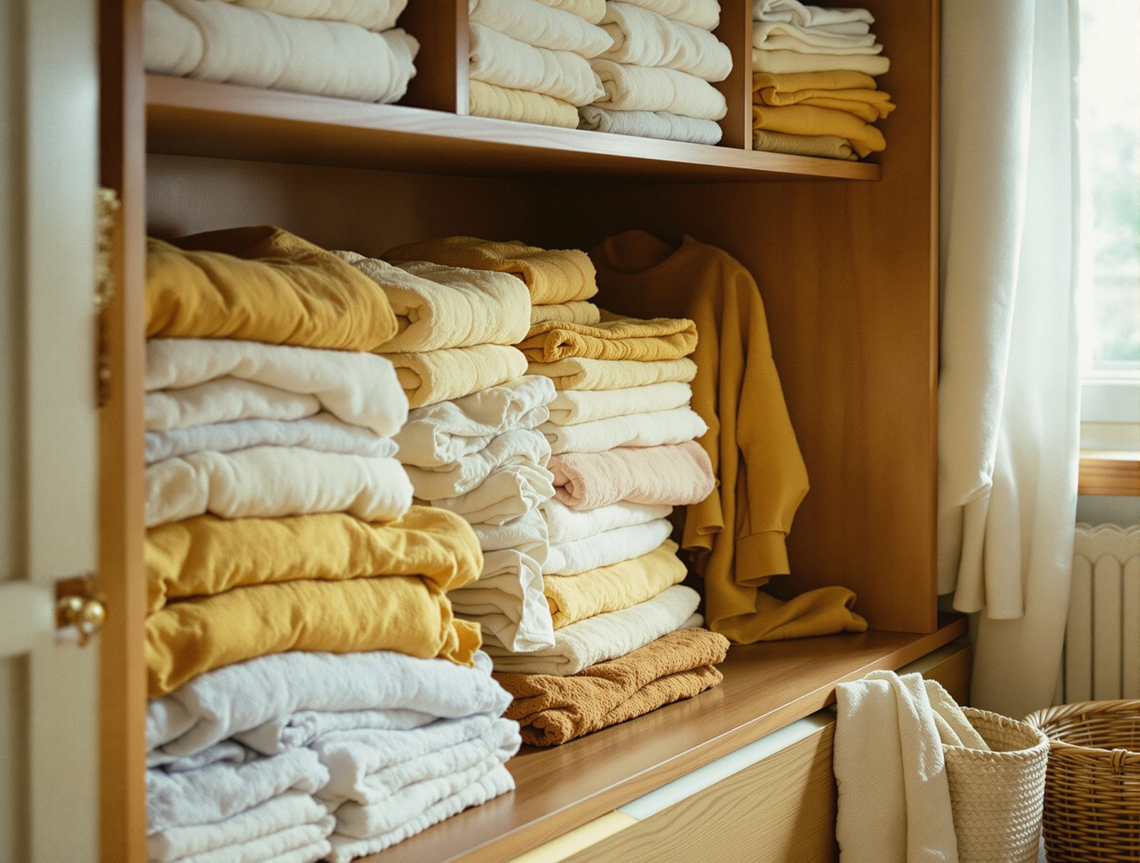 Linge propre et plié sur une étagère en bois, résultat après un cycle de sèche-linge réussi