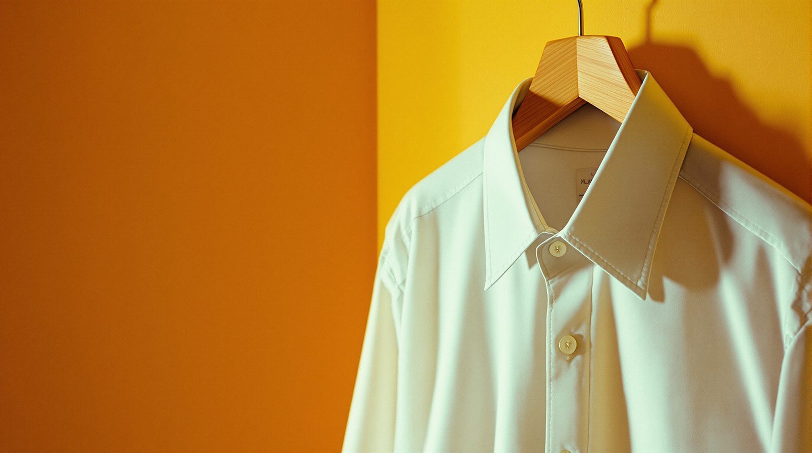 Chemise suspendue sur cintre en bois dans une pièce lumineuse pour sécher sans repassage ni plis