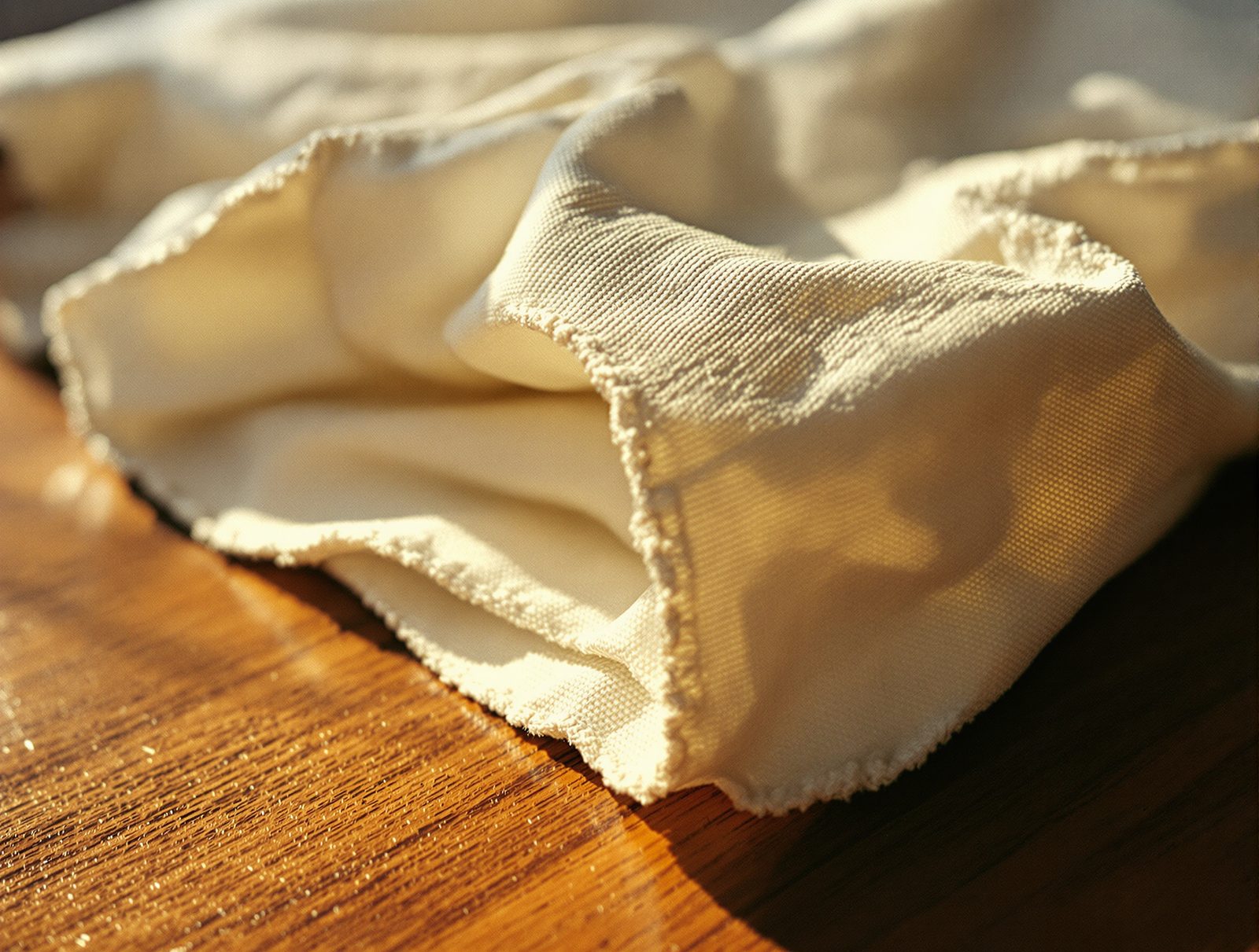 Gros plan sur la texture de tissu coton froissé posé sur une surface en bois pour illustrer les plis de chemise
