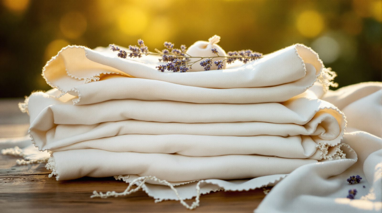 Pile de linge propre parfumé naturellement avec des fleurs de lavande séchées posées dessus