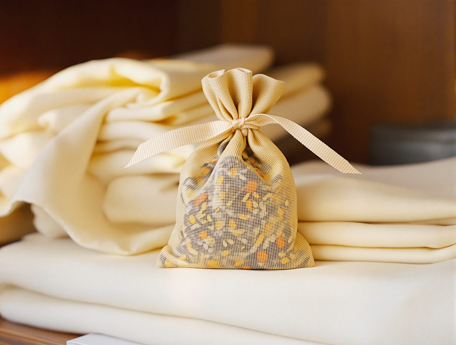 Sachet parfume fait main avec des herbes sechees pose sur une pile de draps propres plies en coton