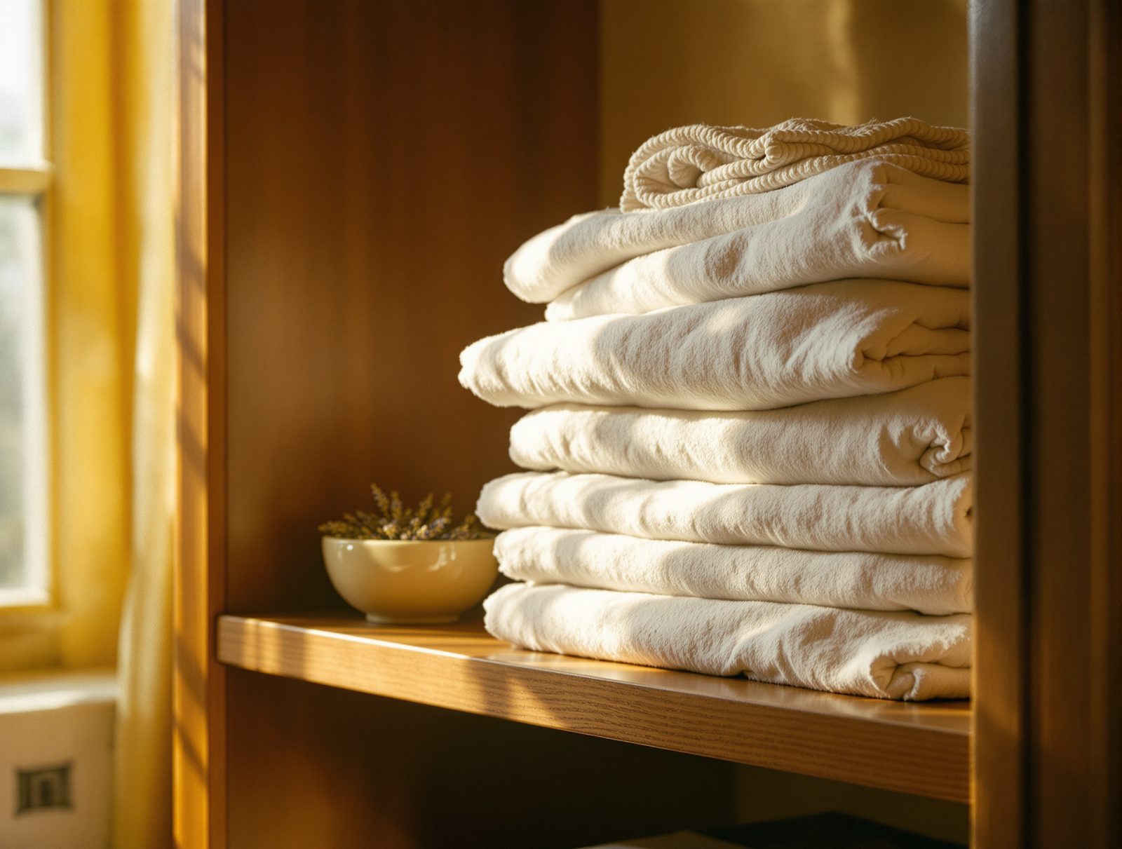 Armoire ouverte avec du linge propre range sur des etageres en bois noyer et un bol de lavande sechee