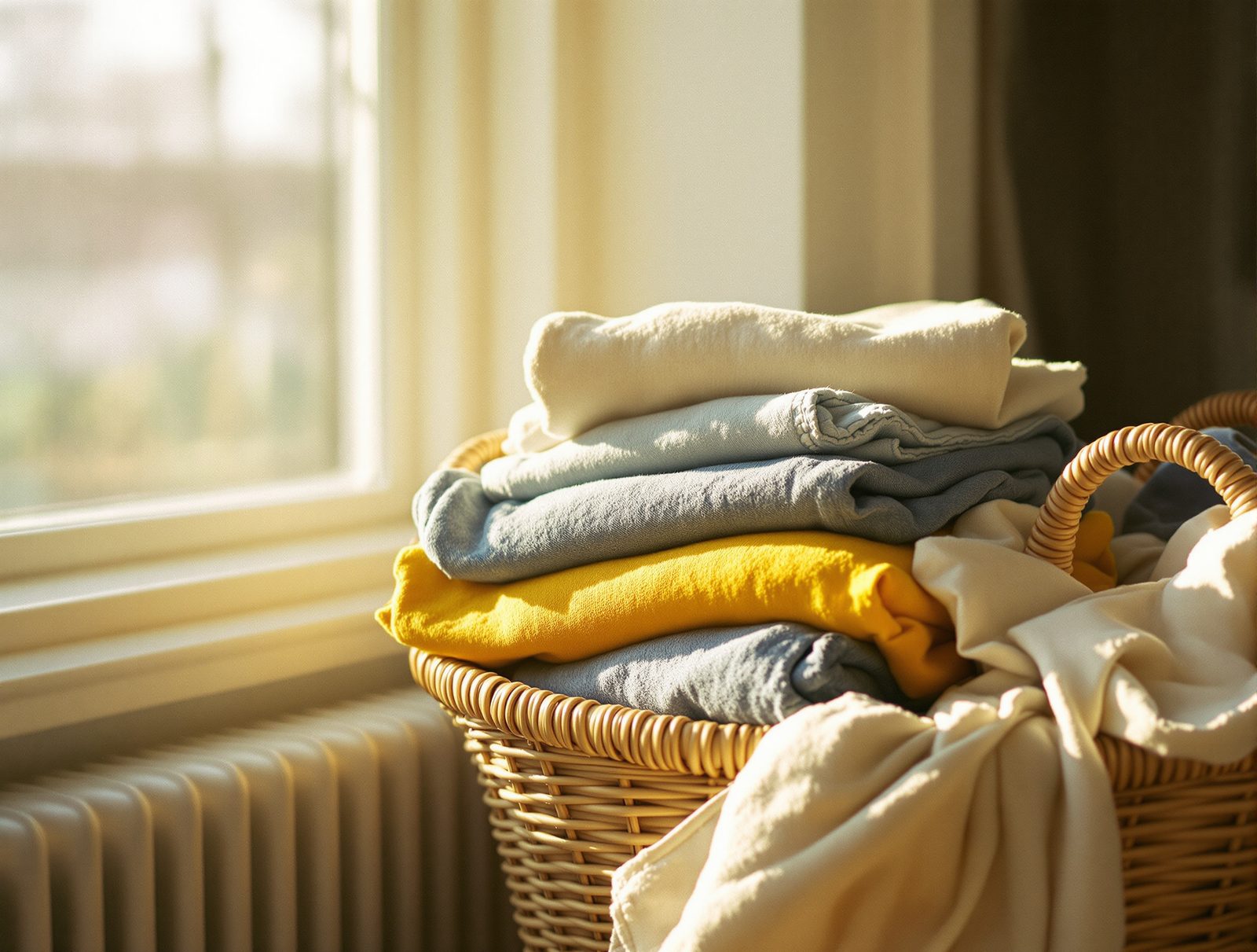 Linge propre plié dans panier osier apres lavage tache herbe eliminee resultat final