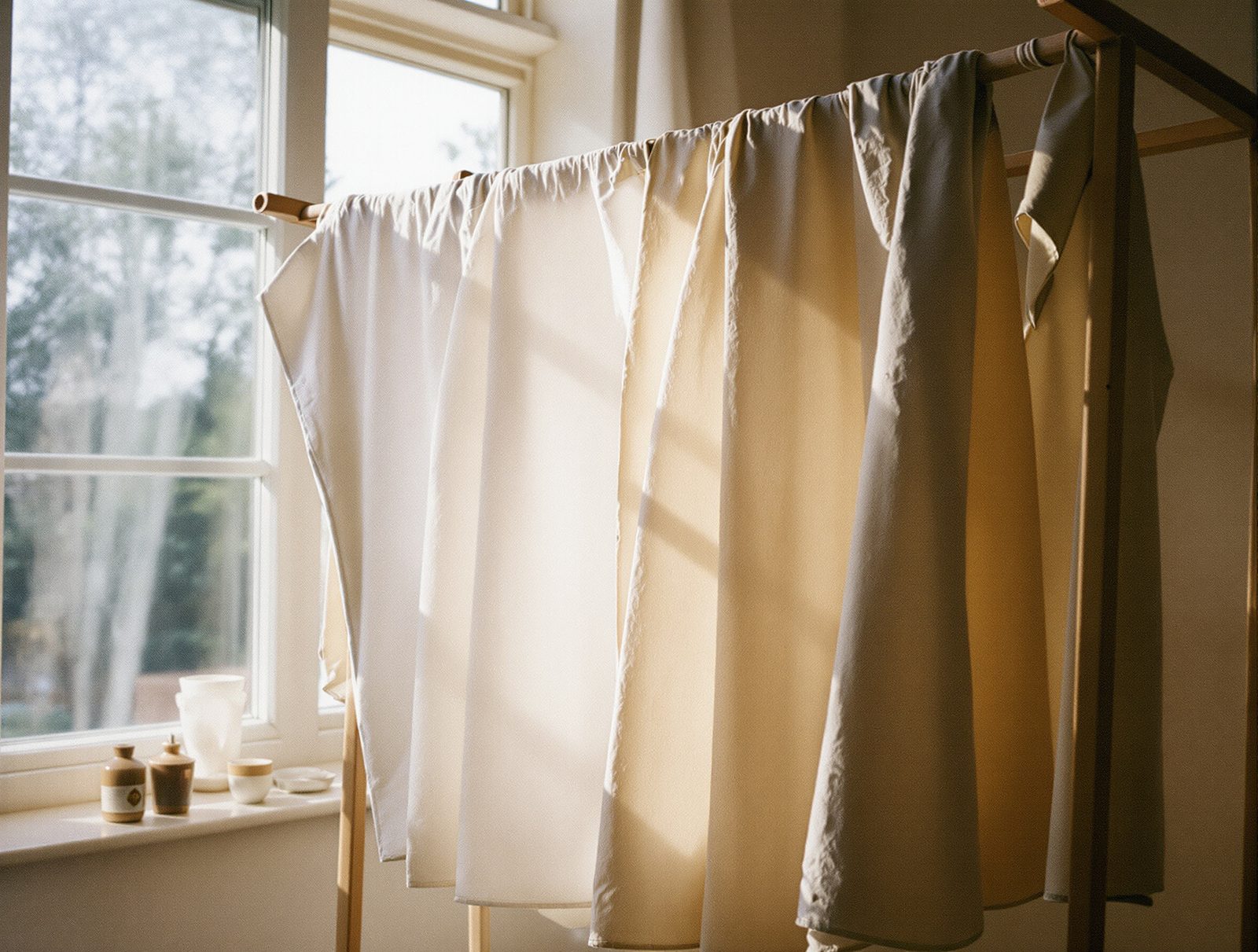 Linge propre et parfumé suspendu sur un séchoir en bois près de la fenêtre après désodorisation naturelle maison