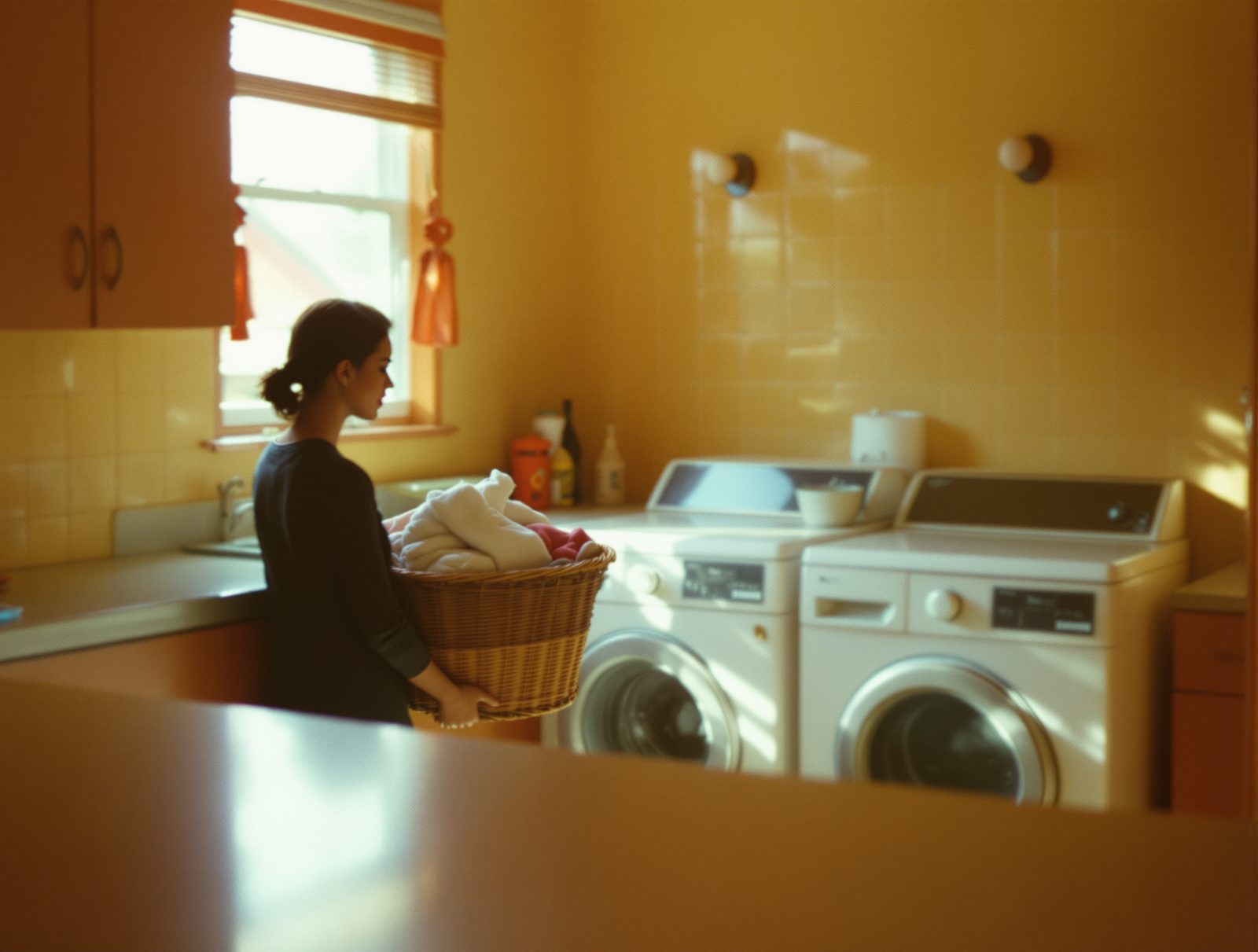 Silhouette de dos dans une laverie avec panier en osier pour trier le linge avant désodorisation naturelle