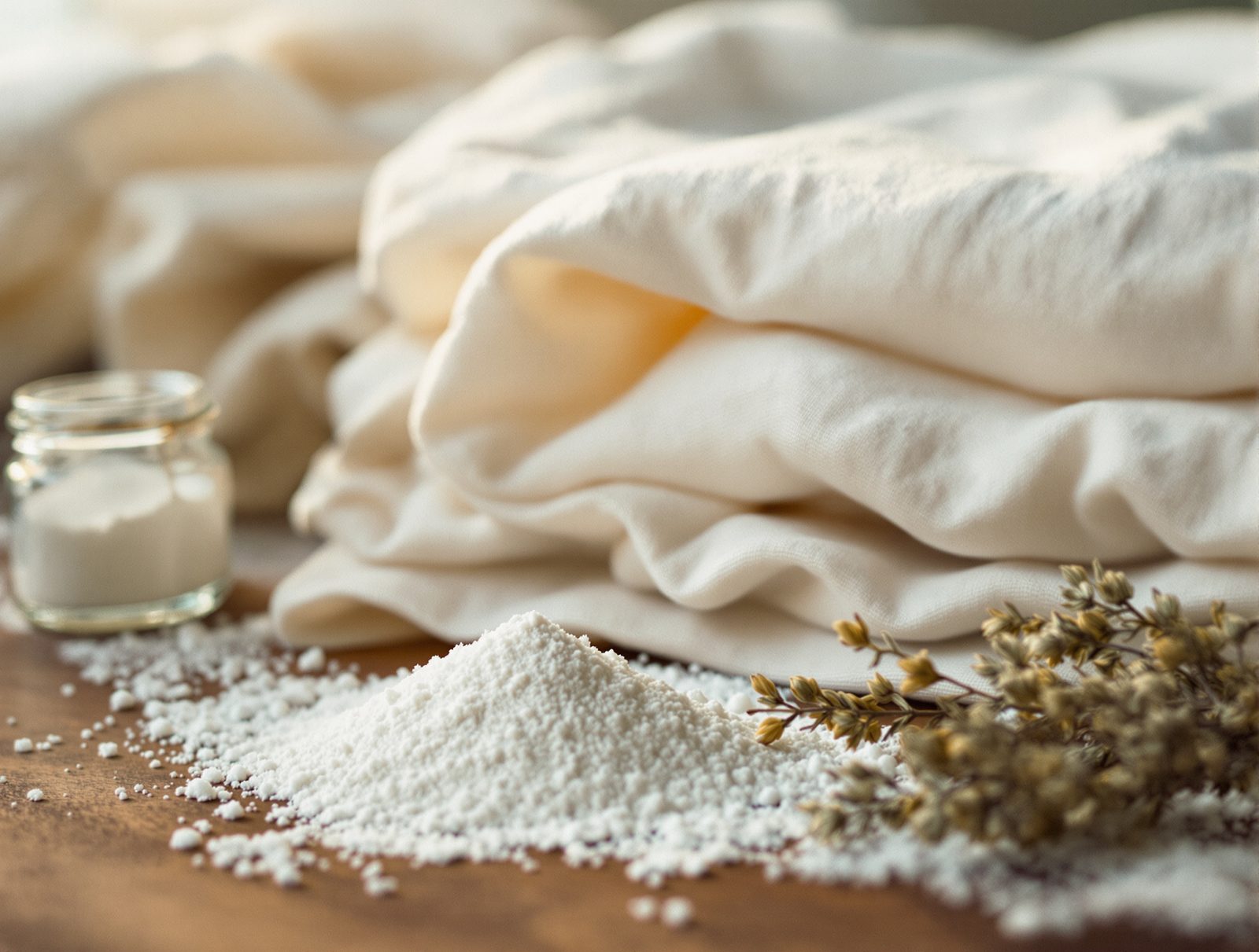 Gros plan sur des tissus en coton plié avec bicarbonate de soude pour désodoriser le linge naturellement
