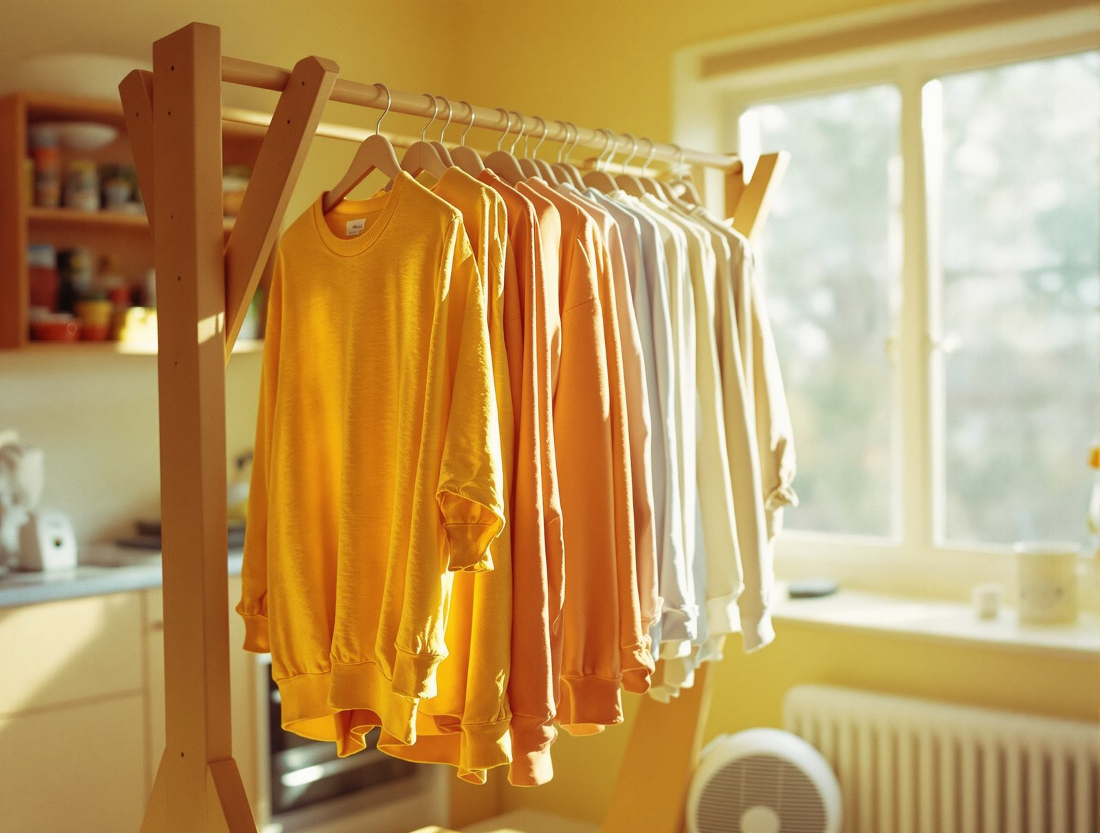 Étendoir en bois avec vêtements bien espacés et ventilateur en arrière-plan pour séchage intérieur rapide