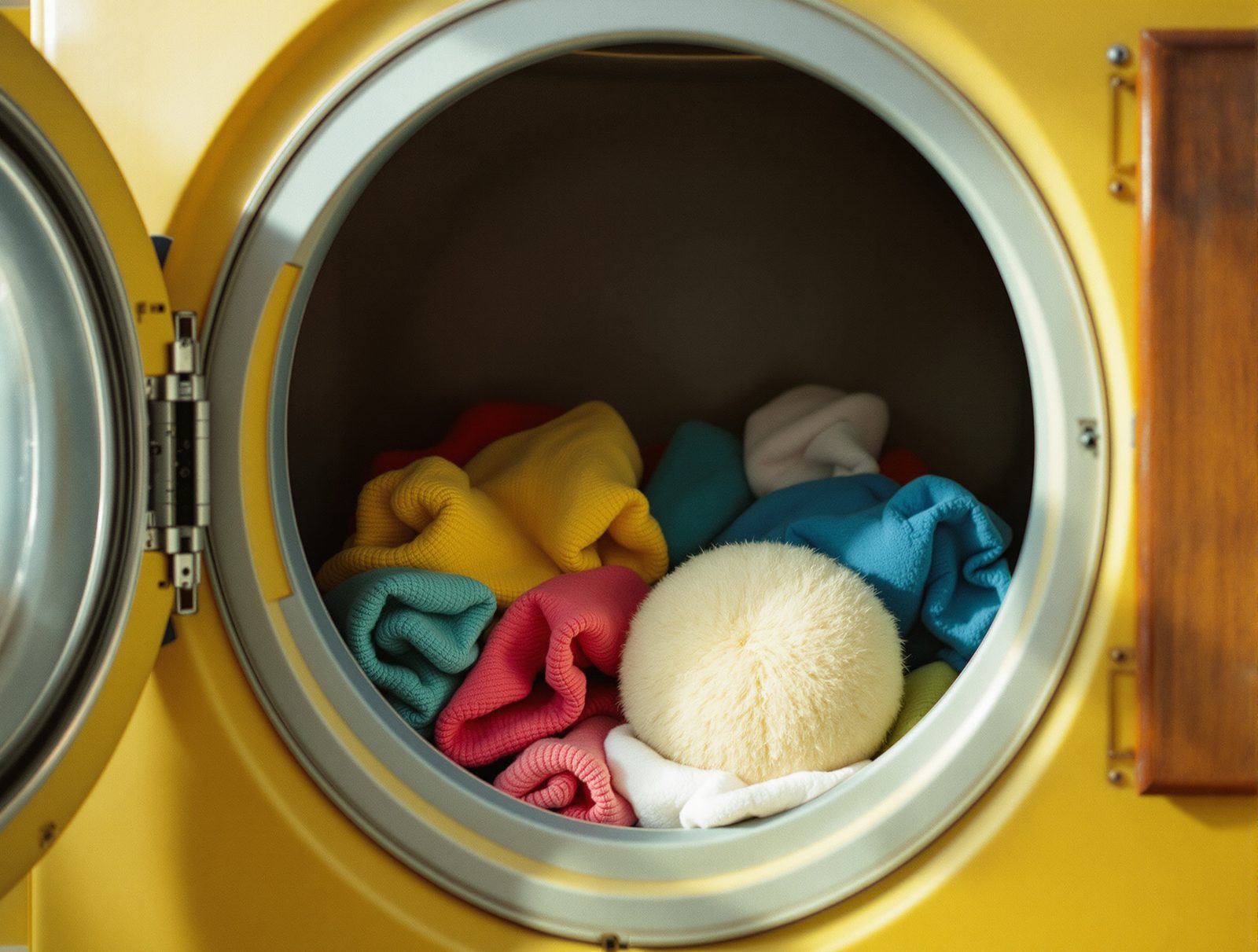 Intérieur de tambour de sèche-linge avec du linge coloré et une balle de séchage en laine