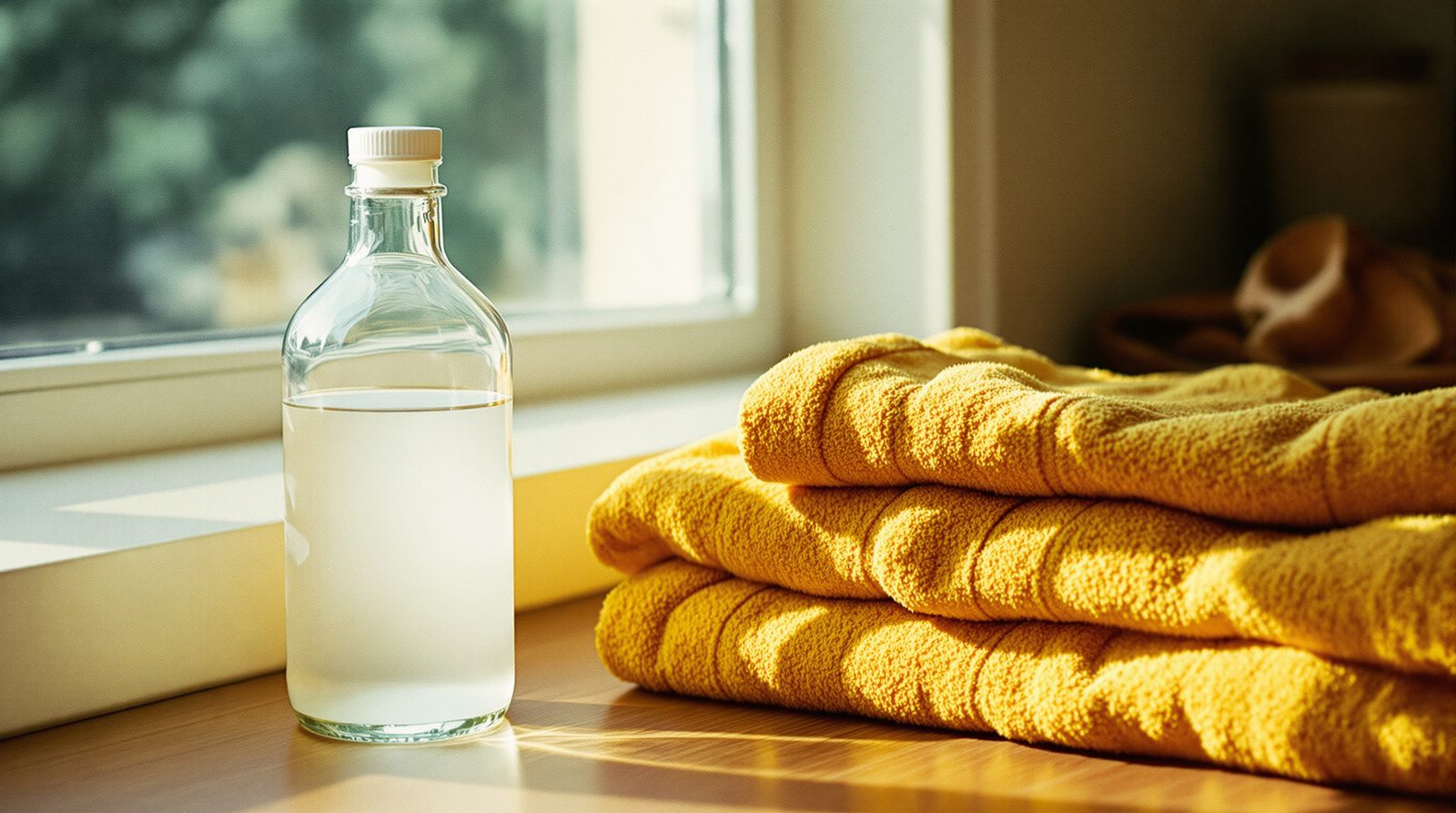 Bouteille de vinaigre blanc posée sur machine a laver avec linge sorti propre et doux en lumiere naturelle chaude