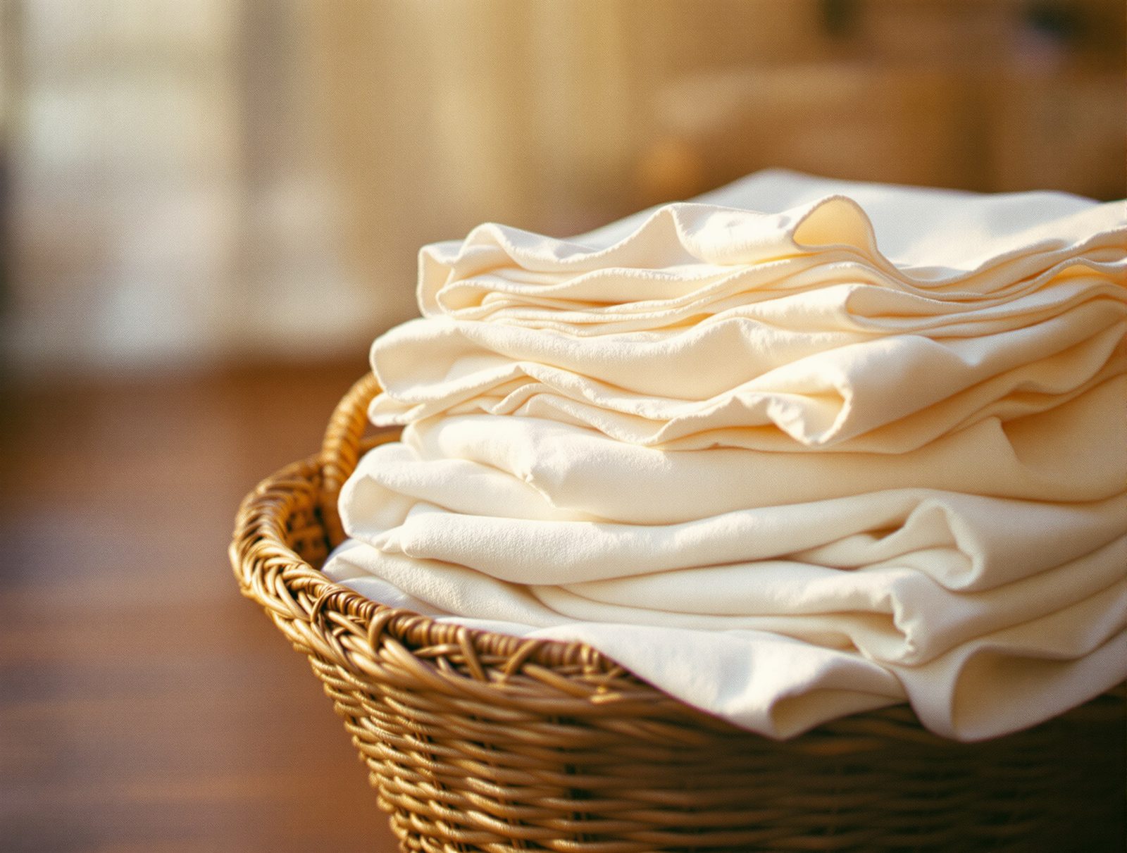 Pile de linge propre et doux plie dans un panier en osier apres lavage au vinaigre blanc en lumiere chaude