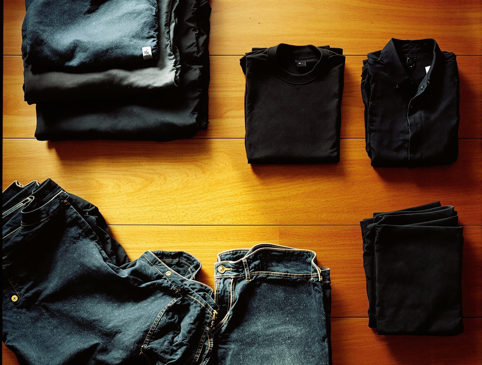Vêtements noirs et jeans foncés soigneusement pliés sur une surface en bois, couleurs préservées par le lavage à froid