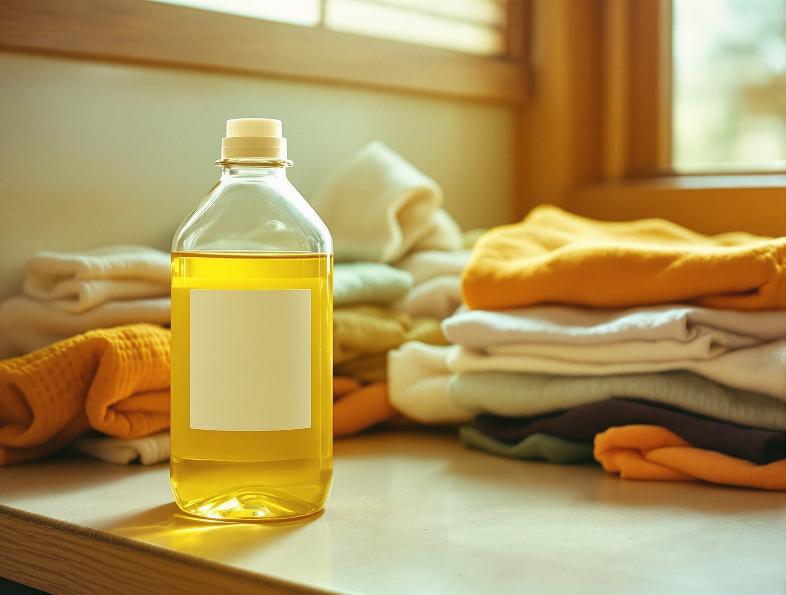 Flacon de lessive liquide basse température posé sur un comptoir en formica à côté de piles de linge trié