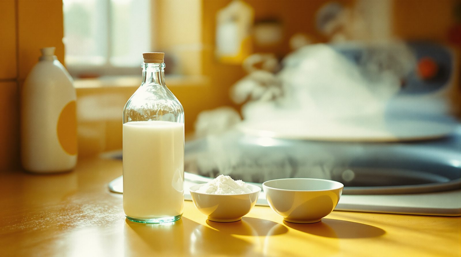 anti-calcaire lave-linge solutions naturelles vinaigre blanc et acide citrique posés près de la machine
