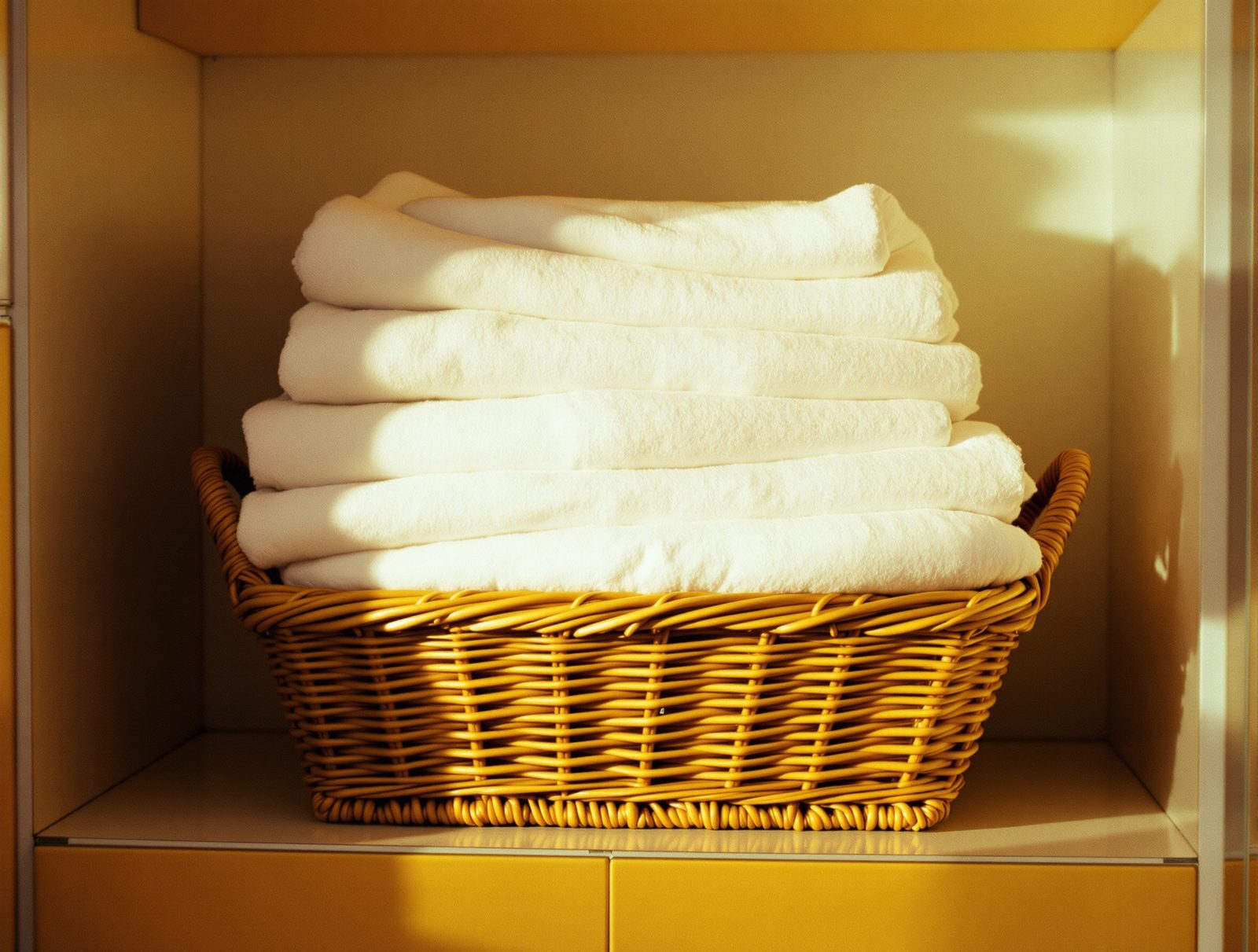linge propre et blanc plié dans un panier en osier après lavage dans machine sans calcaire