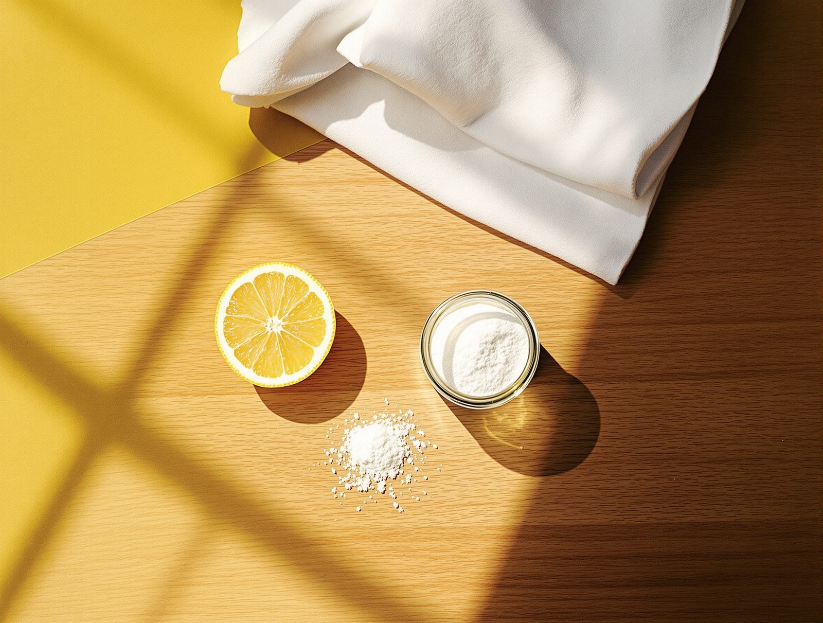 produits anti-calcaire naturels acide citrique et citron poses sur surface bois noyer lumiere chaude