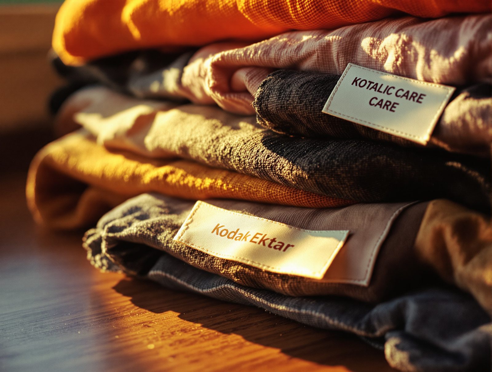 Etiquettes de soin sur des vêtements pliés avec symboles flous et illisibles sur surface en bois