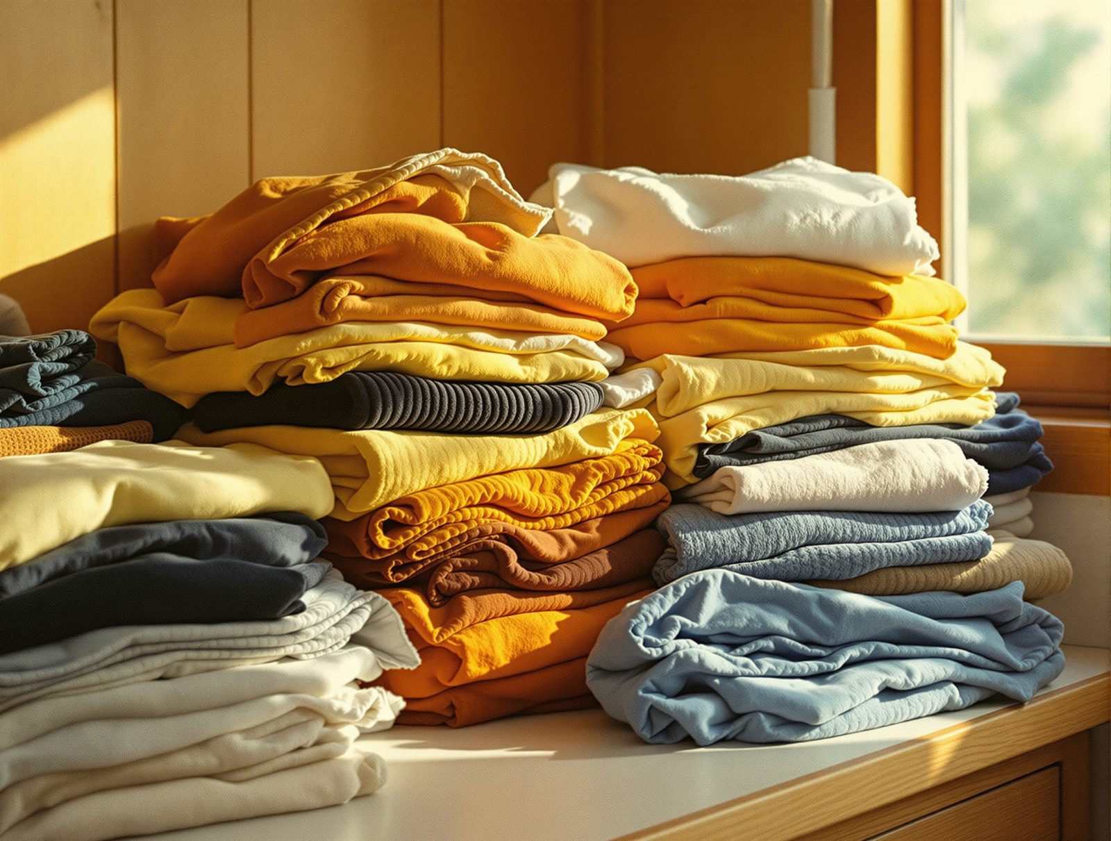 Linge trié en piles distinctes par couleur et matiere sur surface en formica sous lumiere naturelle chaude