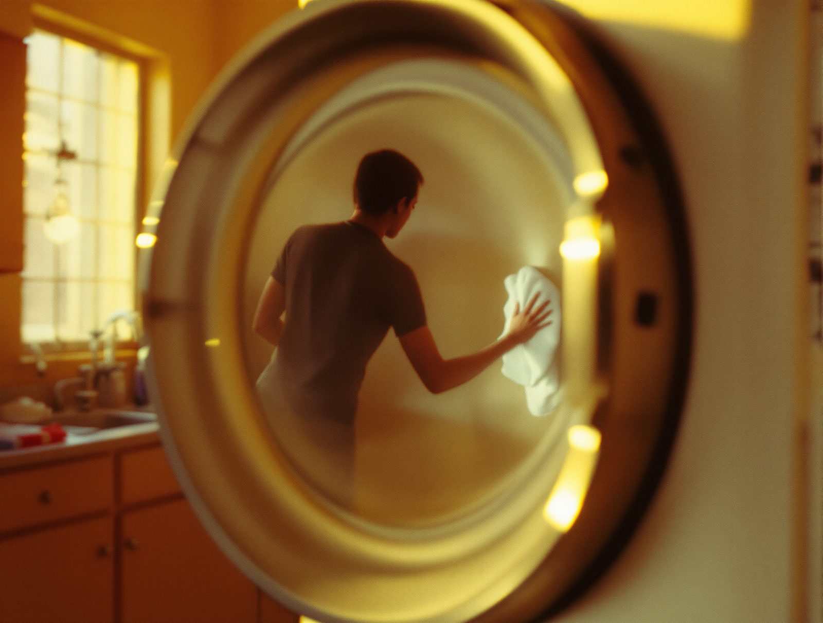 Silhouette floue de dos nettoyant le tambour d un seche-linge avec un chiffon blanc lumiere doree