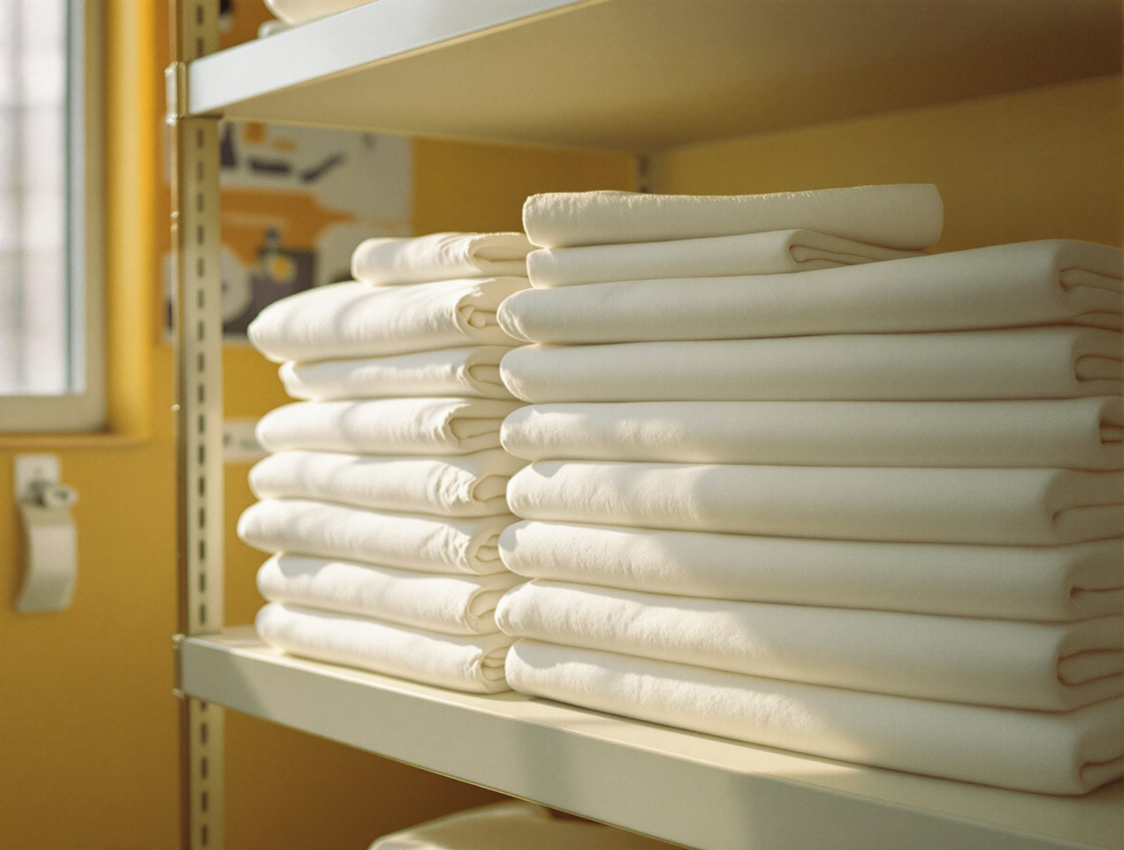 Pile de draps blancs propres et plies sur une etagere en formica avec lumiere naturelle douce