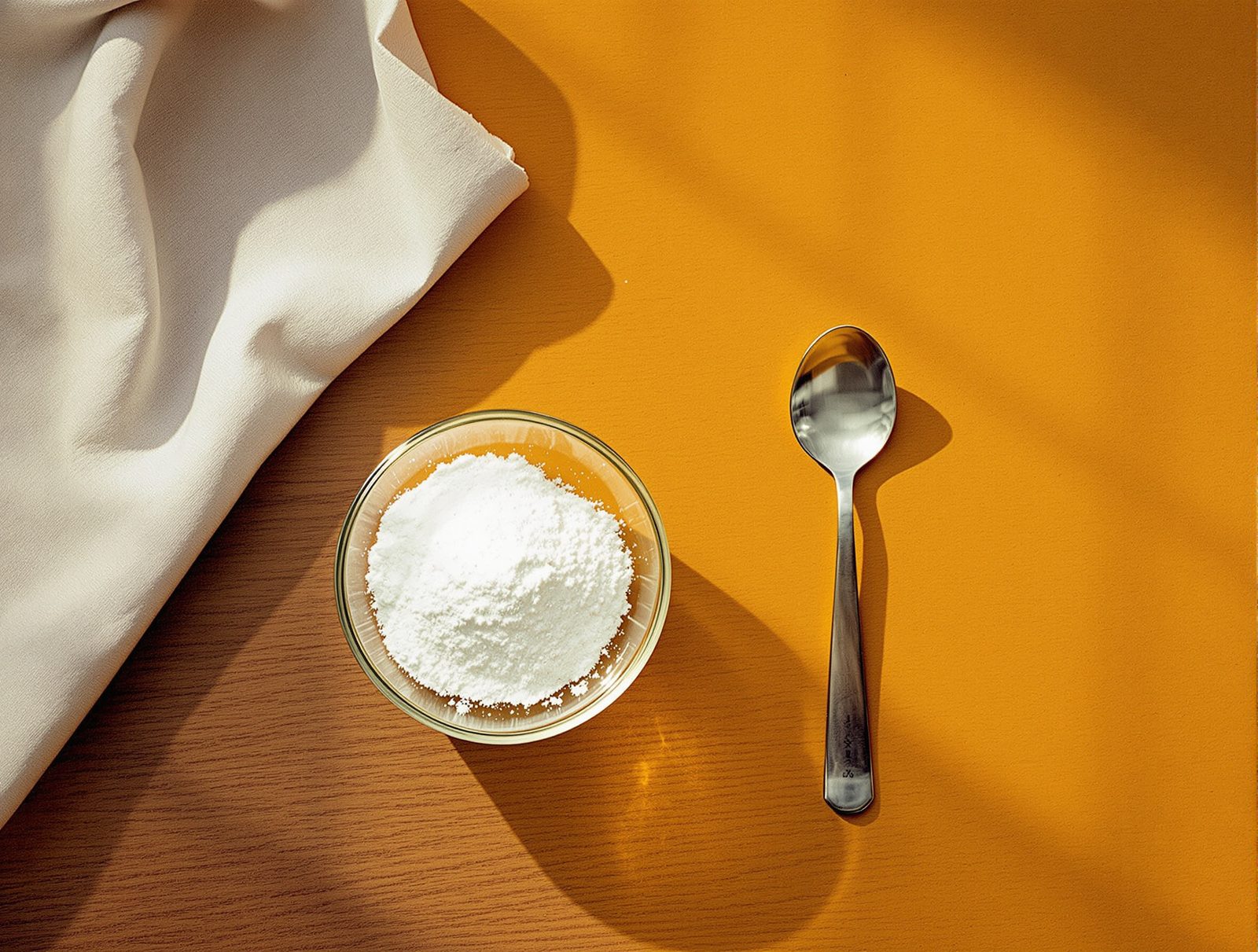 Bol en verre avec poudre acide citrique et cuillère doseuse sur surface en bois noyer, lumière naturelle