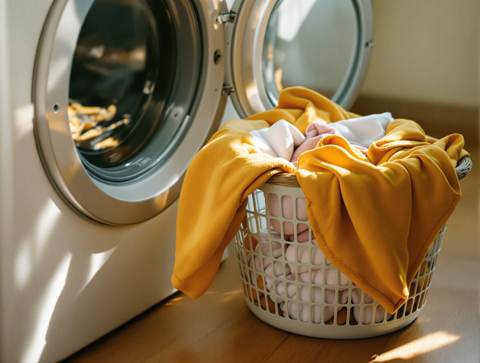 Panier de linge plein pres de machine frontale en laverie pour optimiser charge et economie eau