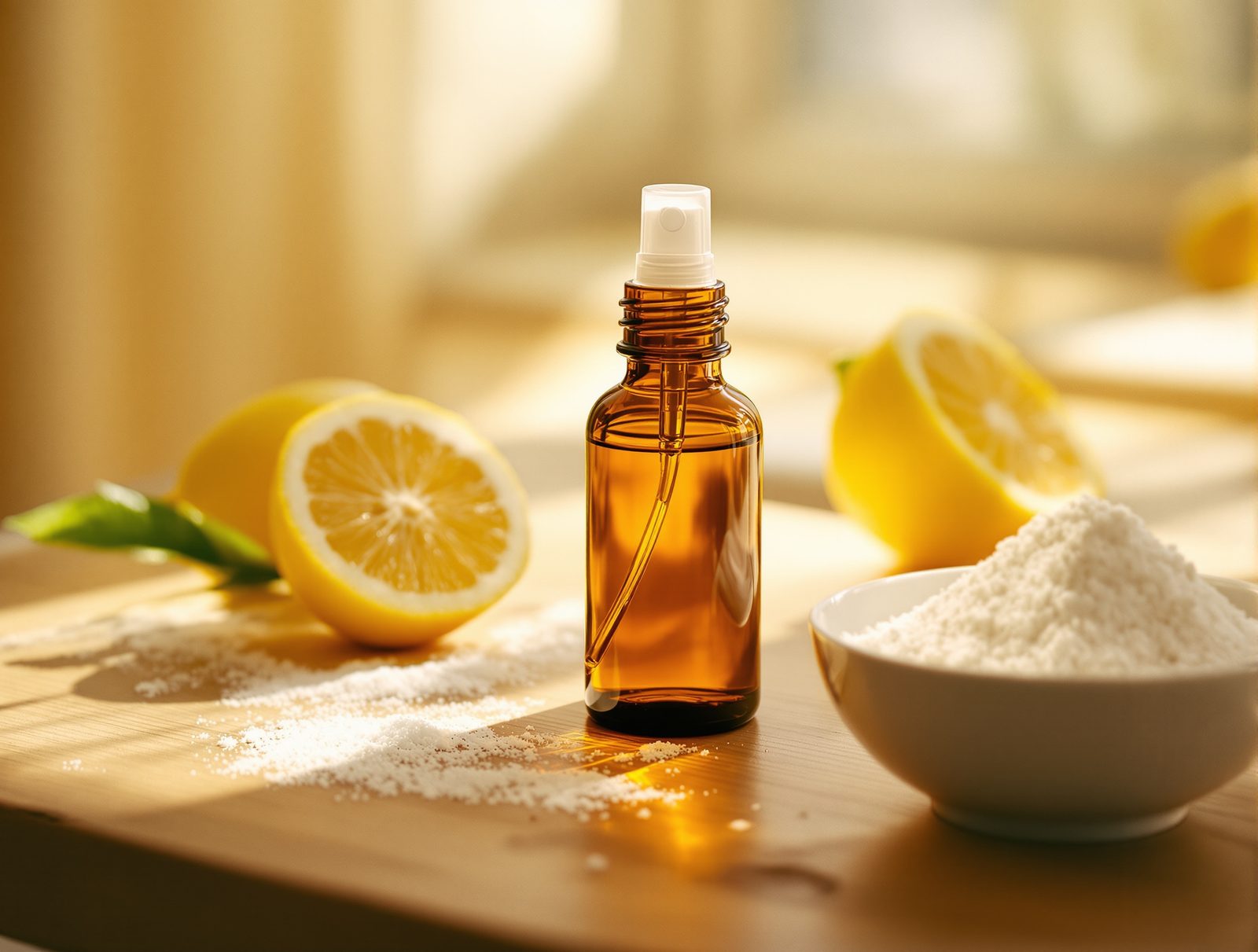 Flacon spray en verre ambré posé sur bois avec bicarbonate et citron pour désodoriser un tapis maison