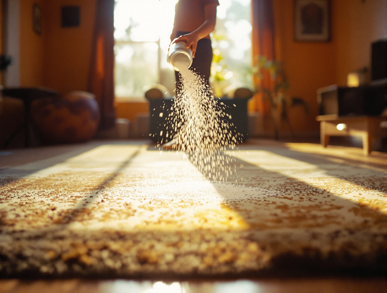 Personne de dos saupoudrant du bicarbonate de soude sur un grand tapis pour le désodoriser naturellement
