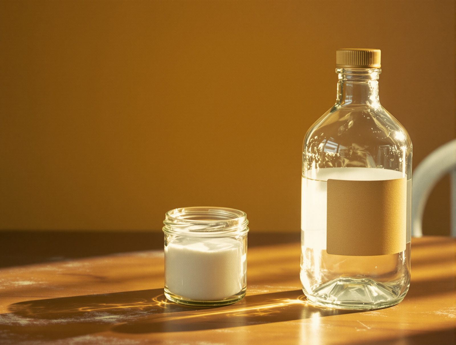 Bocal de bicarbonate de soude et flacon de vinaigre blanc sur surface en bois naturel