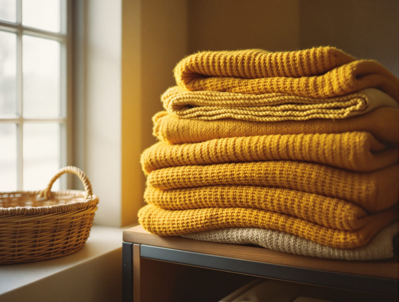 Pile de pulls en laine propres et plies ranges sur une etagere en bois avec panier en osier