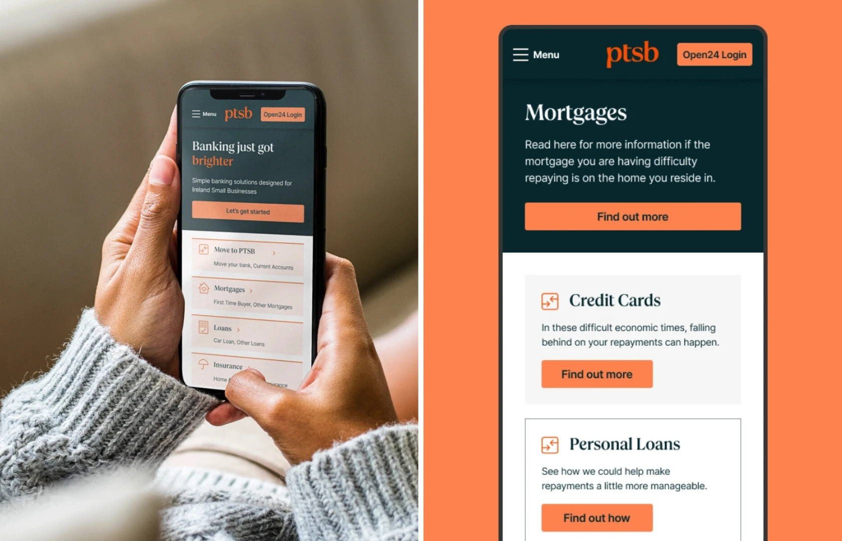 Two images of the self-service digital portal UNRVLD designed for PTSB: one showing a user accessing the portal on a mobile phone, the other highlighting key features of the portal interface.