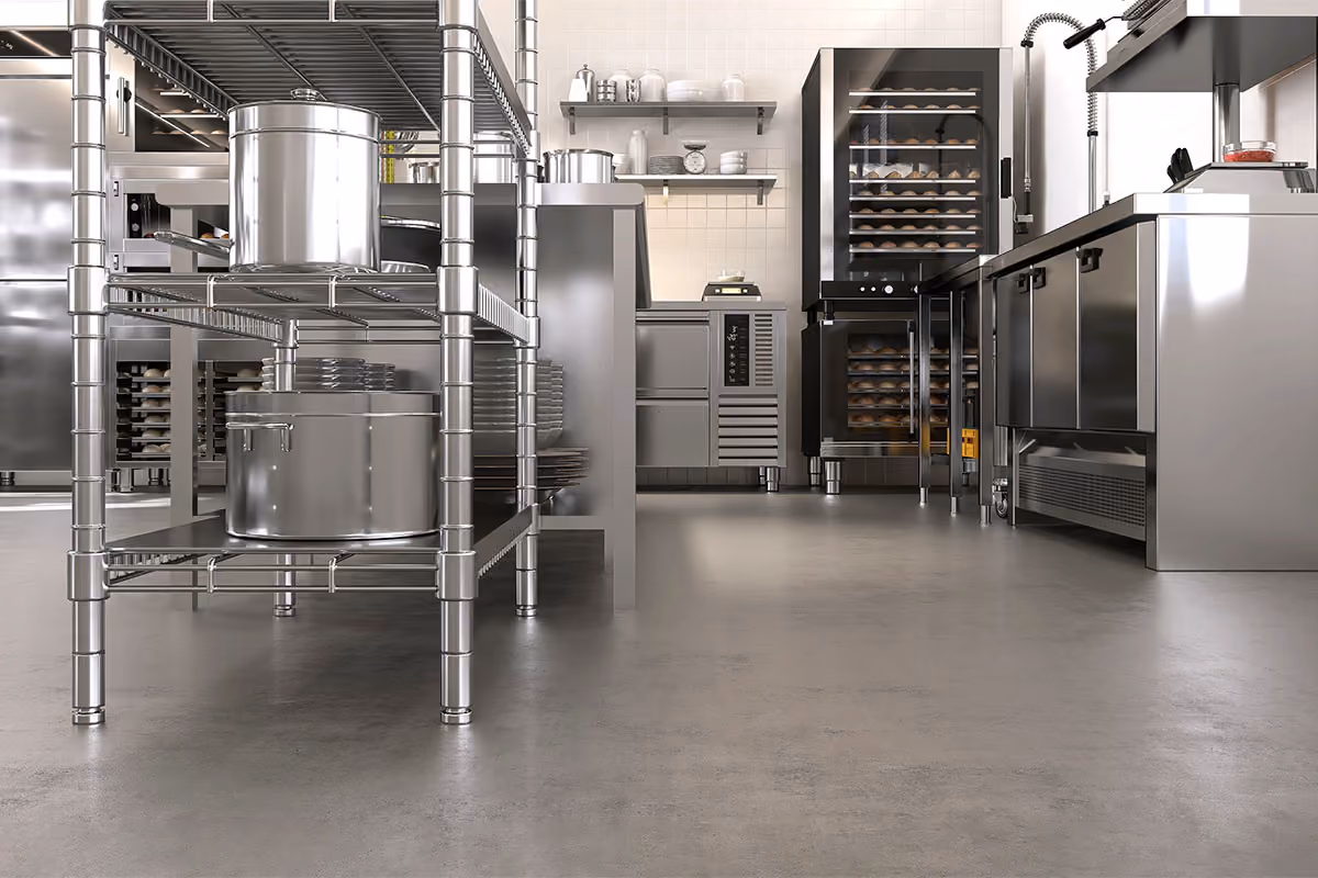 Commercial resinous flooring in a commercial kitchen.