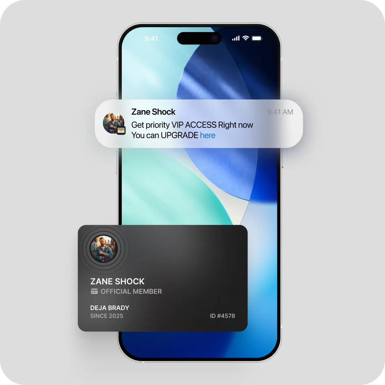 Smartphone displaying a notification from Zane Shock offering priority VIP access, with a digital membership card showing official member details and ID #4578.