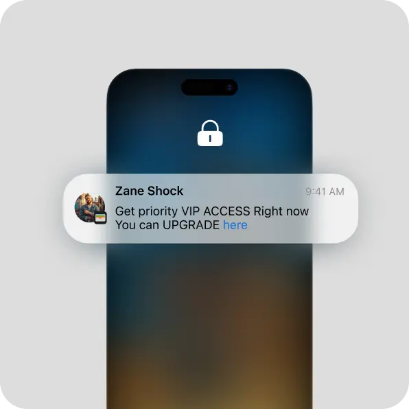Smartphone lock screen showing a push notification from Zane Shock offering priority VIP access with an upgrade link.