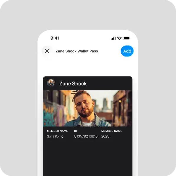 Digital wallet pass on smartphone screen showing a photo of a man with beard and denim jacket, labeled Zane Shock, with member name Sofia Romo, ID C13579246810, and member name 2025.
