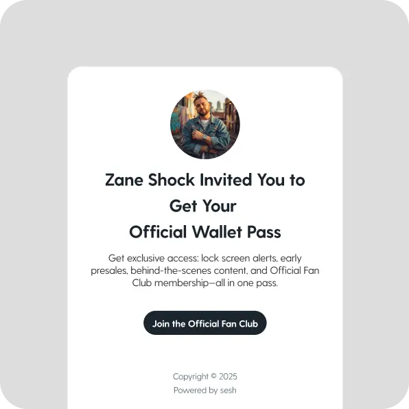 Invitation from Zane Shock to get an official wallet pass with exclusive access to alerts, presales, content, and fan club membership.