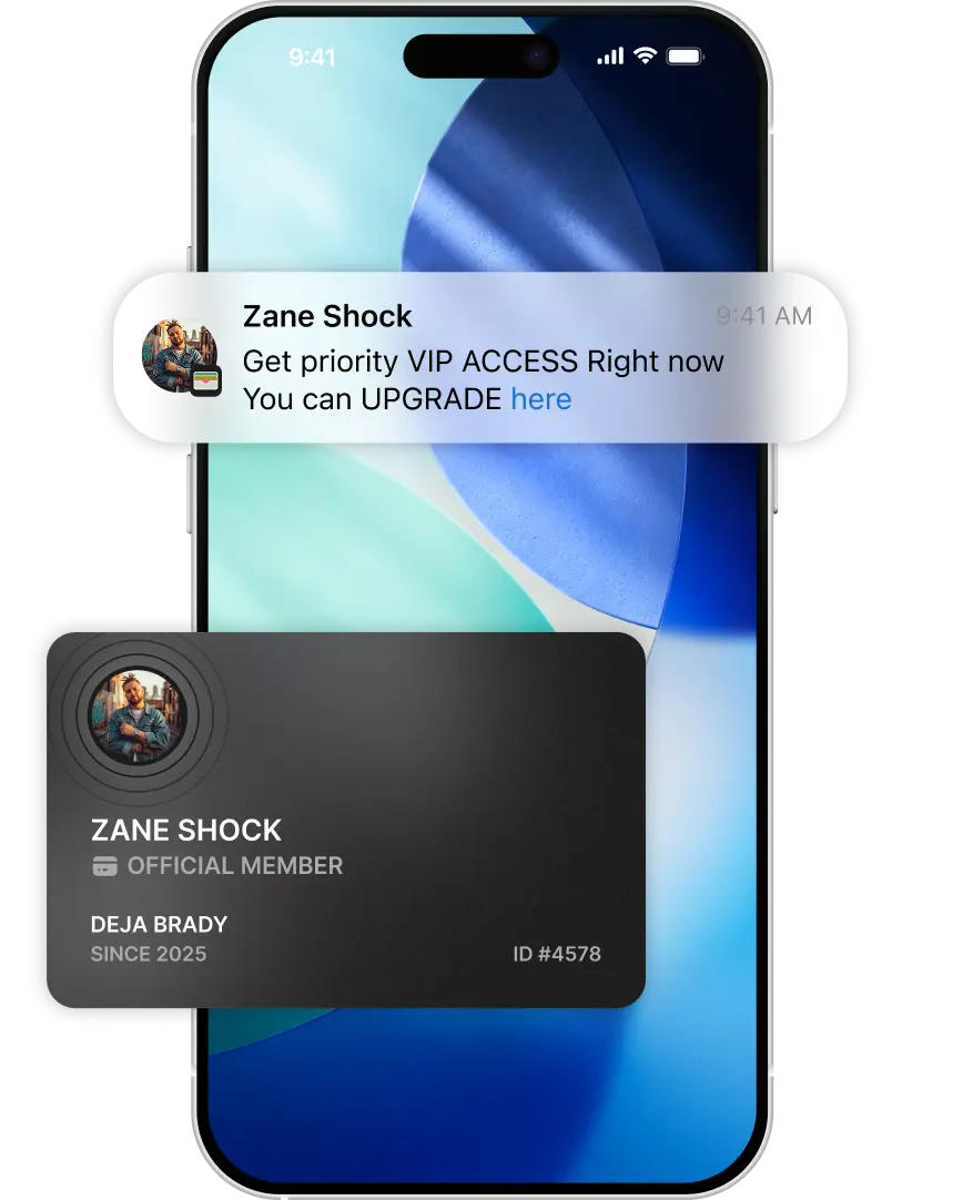 Sesh wallet pass notification on iPhone lock screen showing artist announcement with 90% open rate