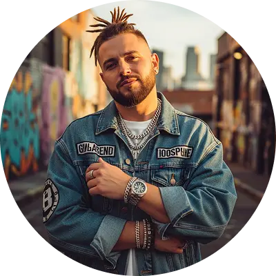 Man with dreadlocks wearing a denim jacket and jewelry standing with arms crossed in an urban alley with graffiti walls.