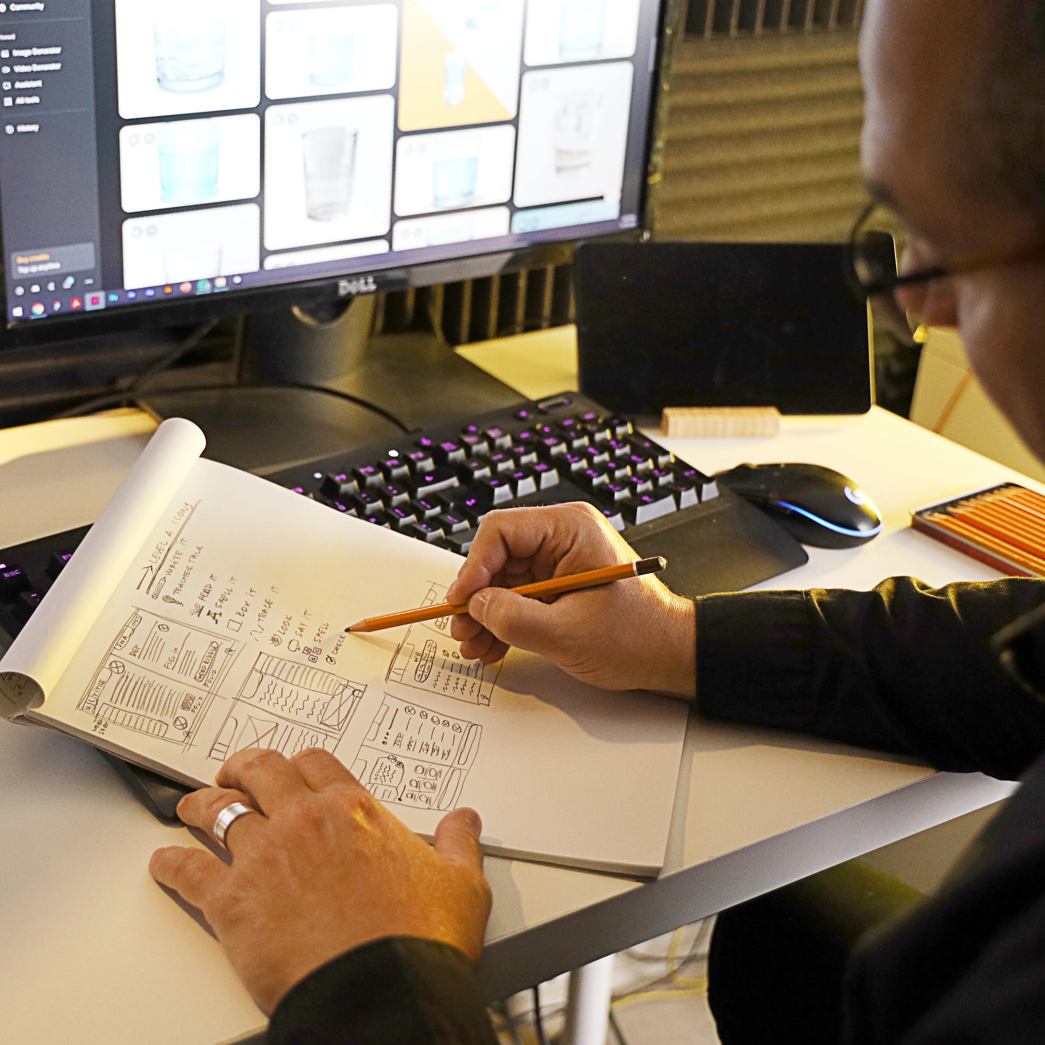 Person sketching user interface wireframes on a notepad at a desk with a computer monitor and keyboard.