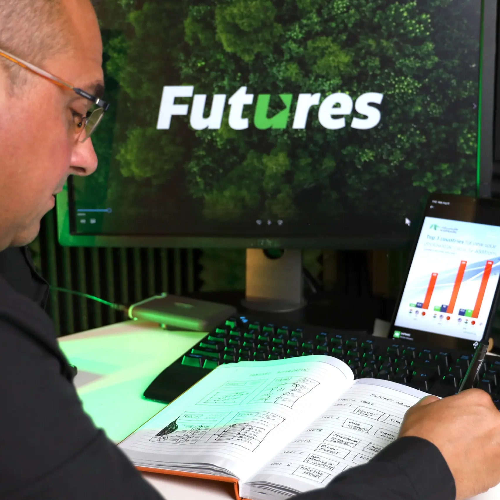 Person sketching user interface wireframes on a notepad at a desk with a computer monitor and keyboard.
