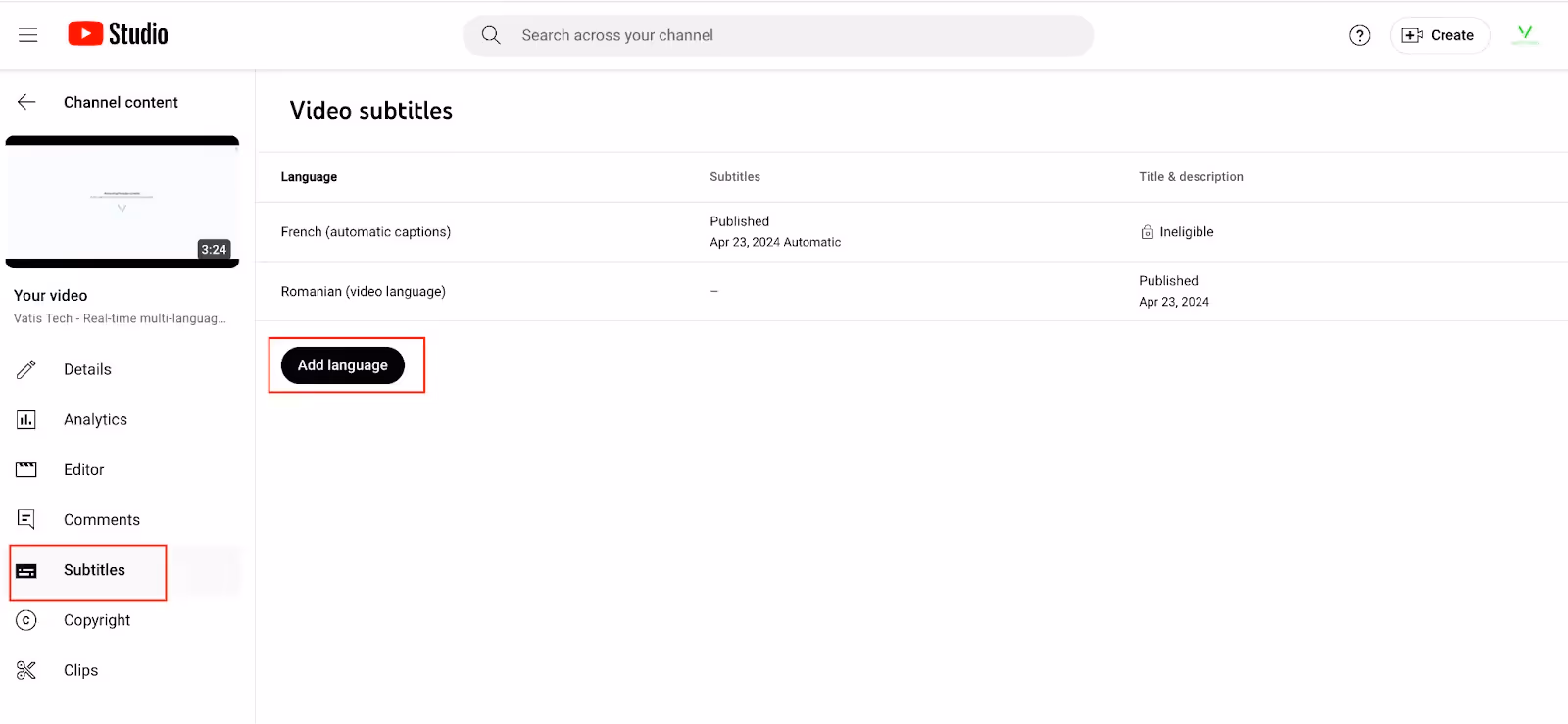 how to translate youtube videos with YouTube Studio add language