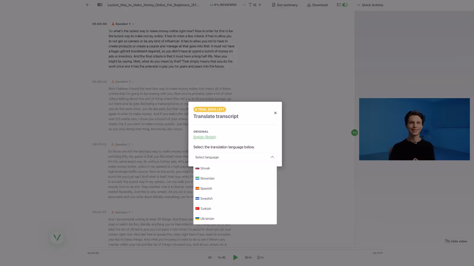 how to translate youtube videos with Vatis Tech Translate Transcript