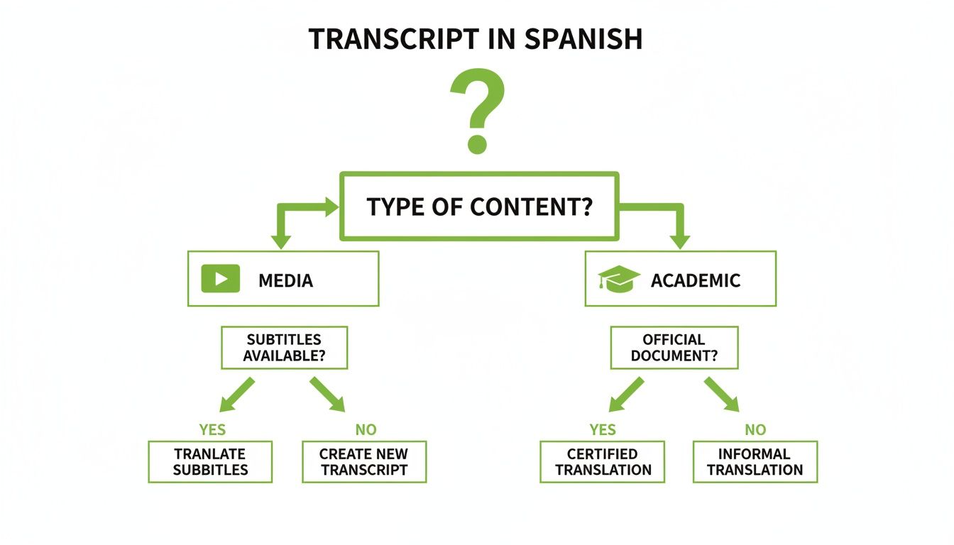Flowchart detailing options for Spanish transcription and translation, categorized by media or academic content.
