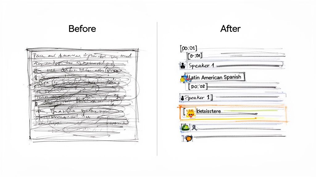 Before and after showing a handwritten page transformed into a clear digital transcript with speakers and timestamps.